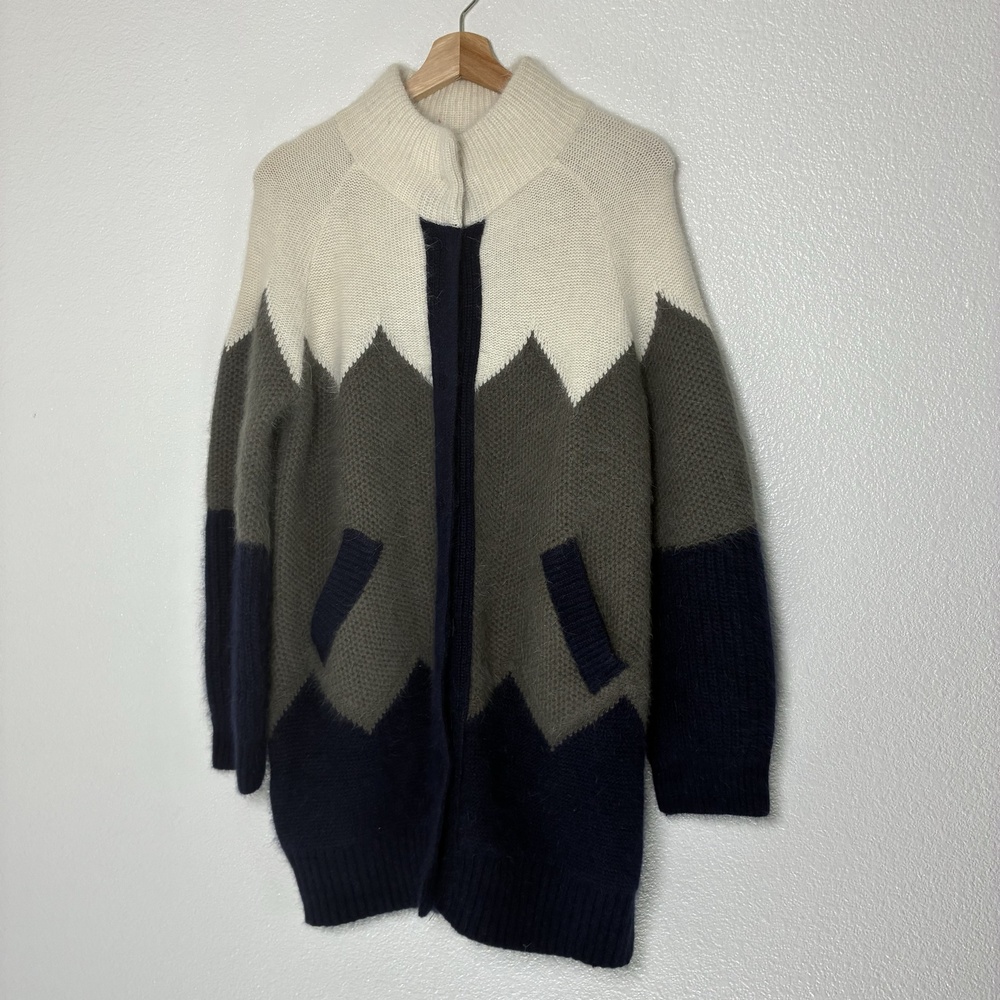 Mcginn Cardigan Sweater Womens L Navy Gray White Zip Front Mock Neck Chunky Knit
